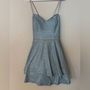 City Studio Silver Blue Glitter Spaghetti-Strap Mini Dress size 13